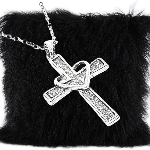 Jewelry - Sterling Silver Glitter Cross with a Heart Pendant with 18" Necklace